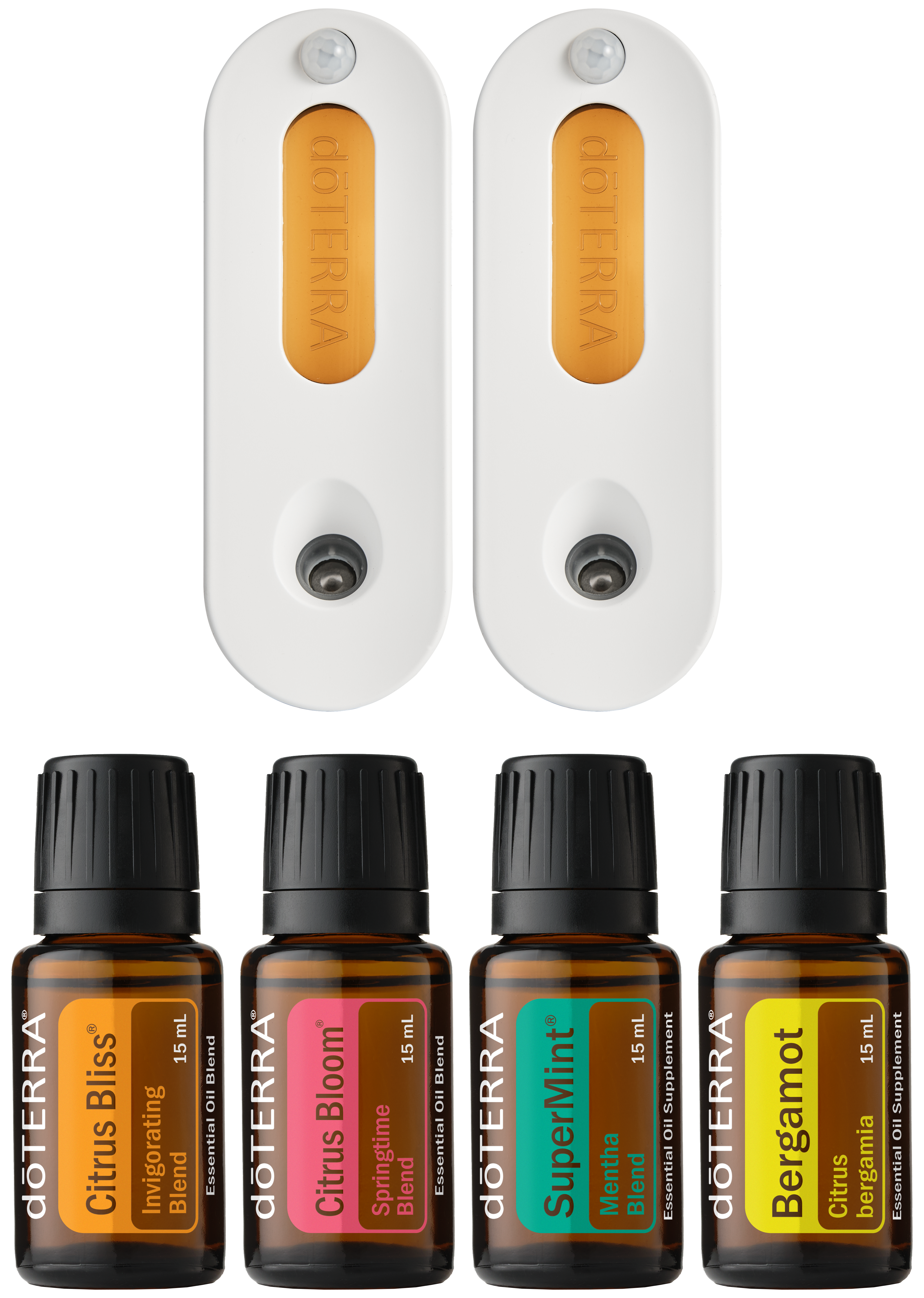 Citrus Bliss, Citrus Bloom, and SuperMint essential oil blends, Bergamot essential oil, and Myst diffusers